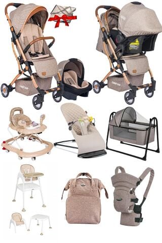 10 Parça Bebek Çeyiz Seti Kabin Travel Bebek Arabası Puset Beşik Yürüteç Mama Sandalyesi Ana Kucağı Kanguru Bebek Bakım Çantası