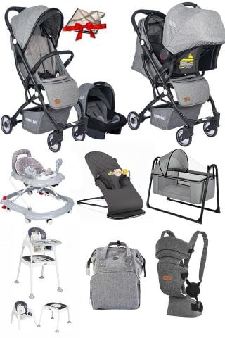 10 Parça Bebek Çeyiz Seti Kabin Travel Bebek Arabası Puset Beşik Yürüteç Mama Sandalyesi Ana Kucağı Kanguru Bebek Bakım Çantası