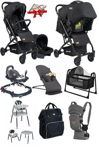 10 Parça Bebek Çeyiz Seti Kabin Travel Bebek Arabası Puset Beşik Yürüteç Mama Sandalyesi Ana Kucağı Kanguru Bebek Bakım Çantası