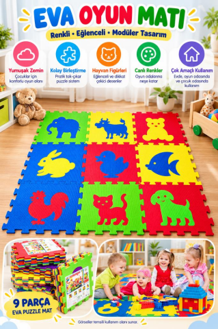 9 Parça Büyük Boy Figurlü Eva Oyun Matı Puzzle Yapboz 33x33/ 7mm HAYVANLAR