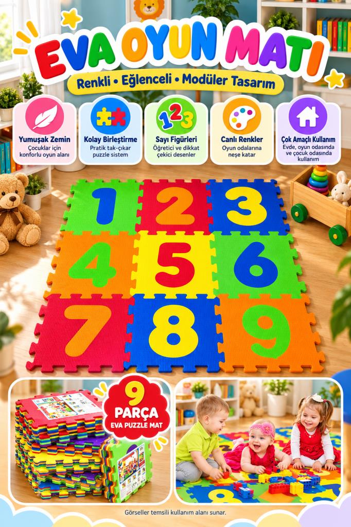 9 Parça Büyük Boy Figurlü Eva Oyun Matı Puzzle Yapboz 33x33/ 7mm RAKAMLAR