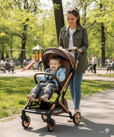 TommyBaby Quantum Kabin Bebek Arabası Kabin Boy Bebek Arabası Pedli Katlanabilir Yağmurluk Hediye KAHVE
