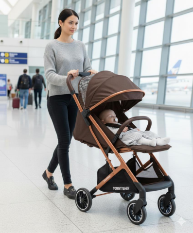 TommyBaby Quantum Kabin Bebek Arabası Kabin Boy Bebek Arabası Pedli Katlanabilir Yağmurluk Hediye KAHVE