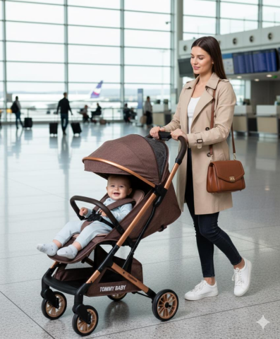 TommyBaby Quantum Kabin Travel Bebek Arabası Kabin Boy Bebek Arabası Pedli Katlanabilir Yağmurluk Hediye KAHVE