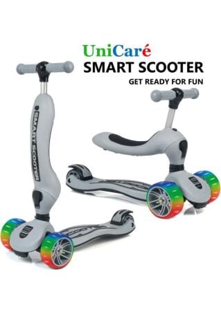 Smart Oturaklı Çocuk Scooter 3 Tekerlekli Işıklı Ledli Scooter Yükseklik Ayarlı 1-5 Yaş GRİ