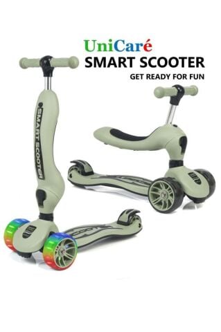Smart Oturaklı Çocuk Scooter 3 Tekerlekli Işıklı Ledli Scooter Yükseklik Ayarlı 1-5 Yaş ASKERİ YEŞİL