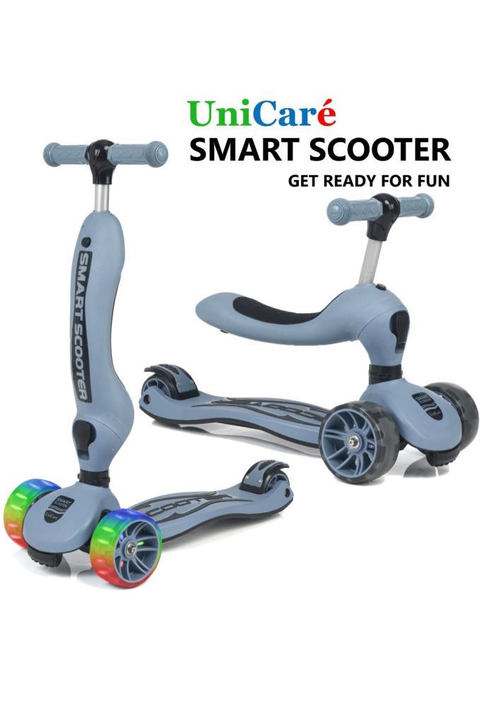 Smart Oturaklı Çocuk Scooter 3 Tekerlekli Işıklı Ledli Scooter Yükseklik Ayarlı 1-5 Yaş ASKERİ MAVİ