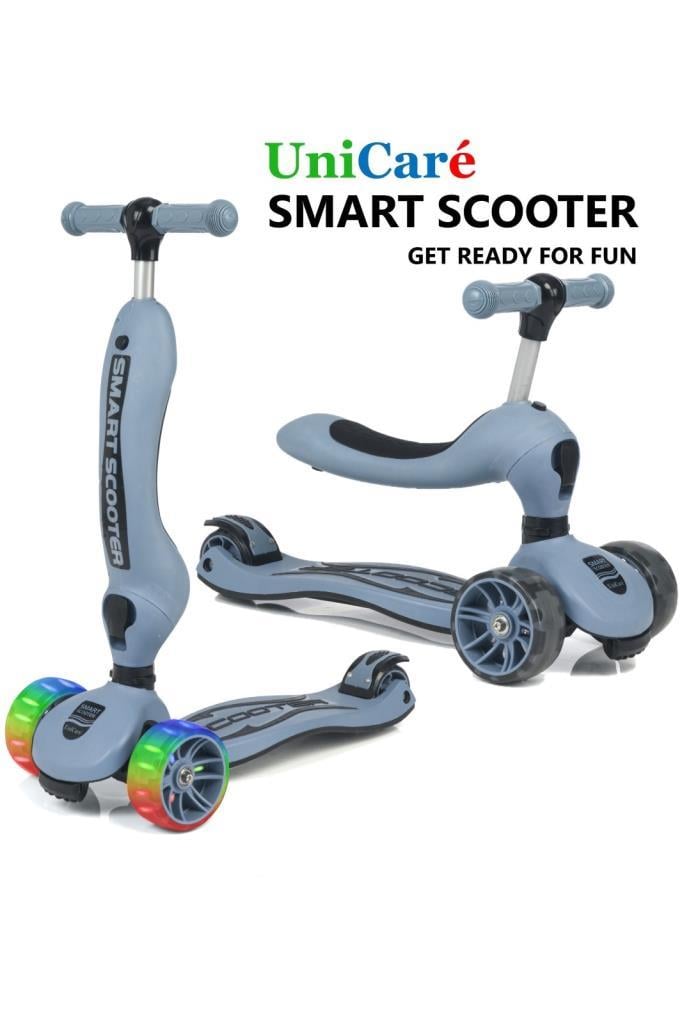 Smart Oturaklı Çocuk Scooter 3 Tekerlekli Işıklı Ledli Scooter Yükseklik Ayarlı 1-5 Yaş ASKERİ MAVİ