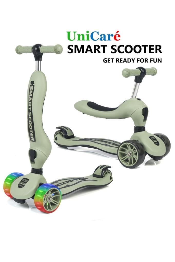 Smart Oturaklı Çocuk Scooter 3 Tekerlekli Işıklı Ledli Scooter Yükseklik Ayarlı 1-5 Yaş ASKERİ YEŞİL