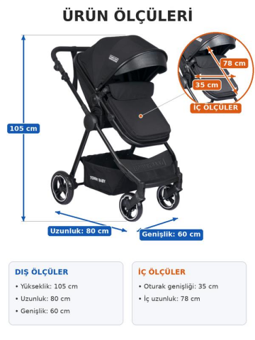 Tommybaby Handy Black New Travel (Seyahat) Sistem Bebek Arabası SİYAH