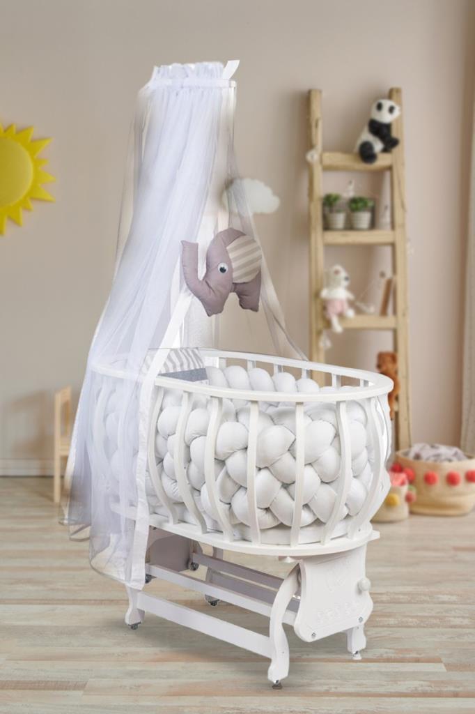 TommyBaby Lina Sepet Beşik Ahşap Beşik Örgülü Uyku Setli Doğal Ahşap Beşik BEYAZ