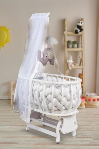 TommyBaby Lina Sepet Beşik Ahşap Beşik Örgülü Uyku Setli Doğal Ahşap Beşik BEYAZ