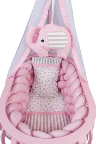 TommyBaby Lina Sepet Beşik Ahşap Beşik Örgülü Uyku Setli Doğal Ahşap Beşik PEMBE