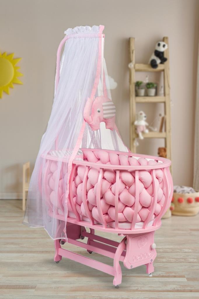 TommyBaby Lina Sepet Beşik Ahşap Beşik Örgülü Uyku Setli Doğal Ahşap Beşik PEMBE