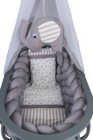 TommyBaby Lina Sepet Beşik Ahşap Beşik Örgülü Uyku Setli Doğal Ahşap Beşik GRİ