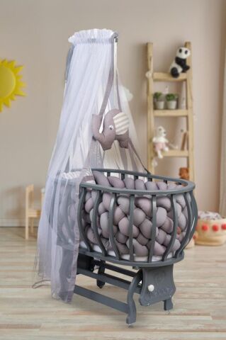 TommyBaby Lina Sepet Beşik Ahşap Beşik Örgülü Uyku Setli Doğal Ahşap Beşik GRİ