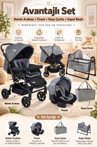 Tommybaby Elegant Yenidoğan Seti Bebek Arabası Beşik Ana Kucağı