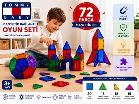 Manyetik Yapı Blokları – Çocuklar İçin Renkli 3 Boyutlu 72 Parça Manyetik Oyun Seti