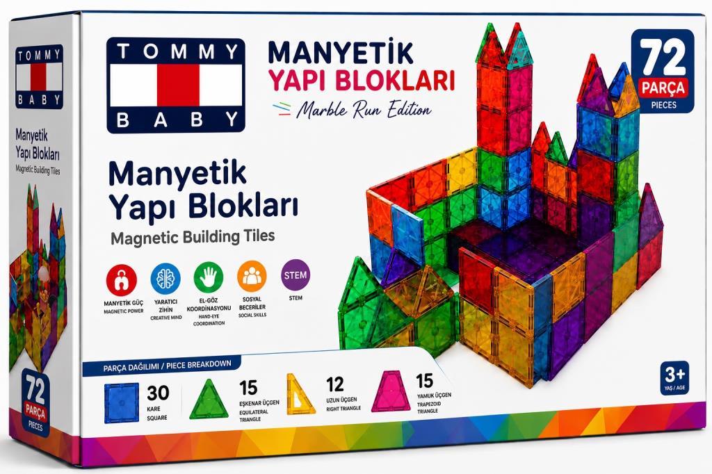 Manyetik Yapı Blokları – Çocuklar İçin Renkli 3 Boyutlu 72 Parça Manyetik Oyun Seti