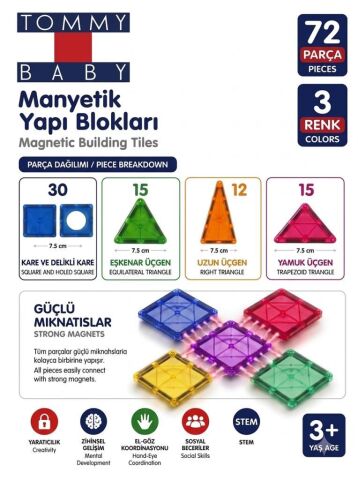 Manyetik Yapı Blokları – Çocuklar İçin Renkli 3 Boyutlu 72 Parça Manyetik Oyun Seti