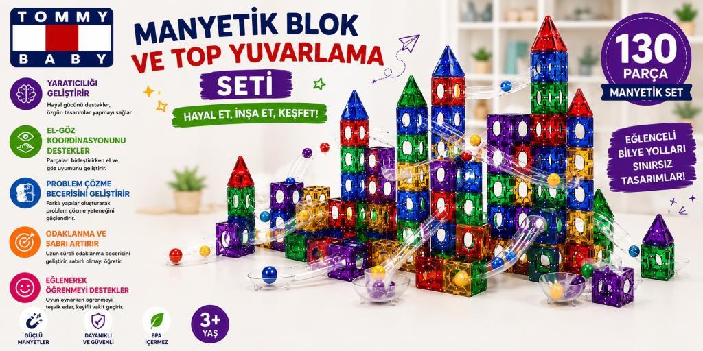 Manyetik Yapı Blokları –Top Yuvarlama  Seti  Çocuklar İçin Renkli 3 Boyutlu 130 Parça Manyetik Oyun Seti