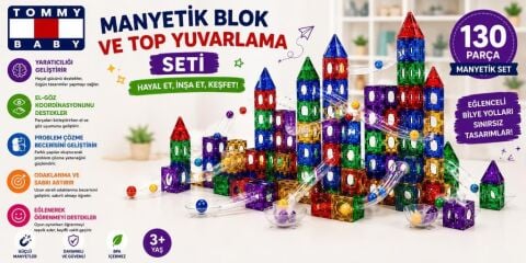 Manyetik Yapı Blokları –Top Yuvarlama  Seti  Çocuklar İçin Renkli 3 Boyutlu 130 Parça Manyetik Oyun Seti