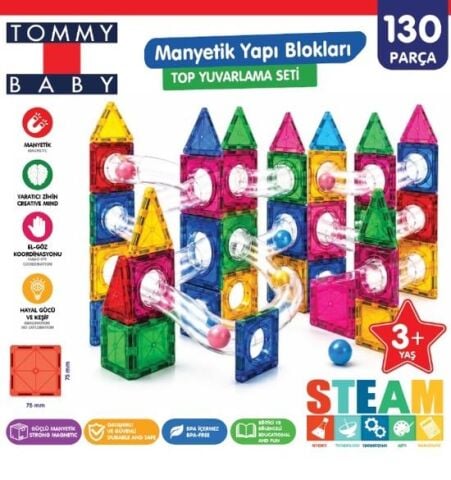 Manyetik Yapı Blokları –Top Yuvarlama  Seti  Çocuklar İçin Renkli 3 Boyutlu 130 Parça Manyetik Oyun Seti