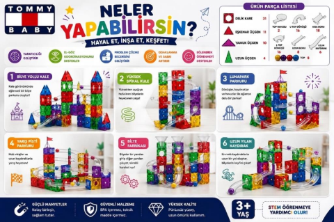 Manyetik Yapı Blokları –Top Yuvarlama  Seti  Çocuklar İçin Renkli 3 Boyutlu 130 Parça Manyetik Oyun Seti